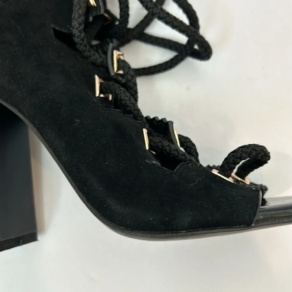 KAT MACONIE Betsy Suede Black Sandals Gold Heels Lace Up women’s size 5.5